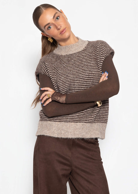 Geringelter Pullunder mit Stehkragen - braun-beige