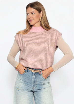 Geringelter Pullunder mit Stehkragen - rosa-taupe