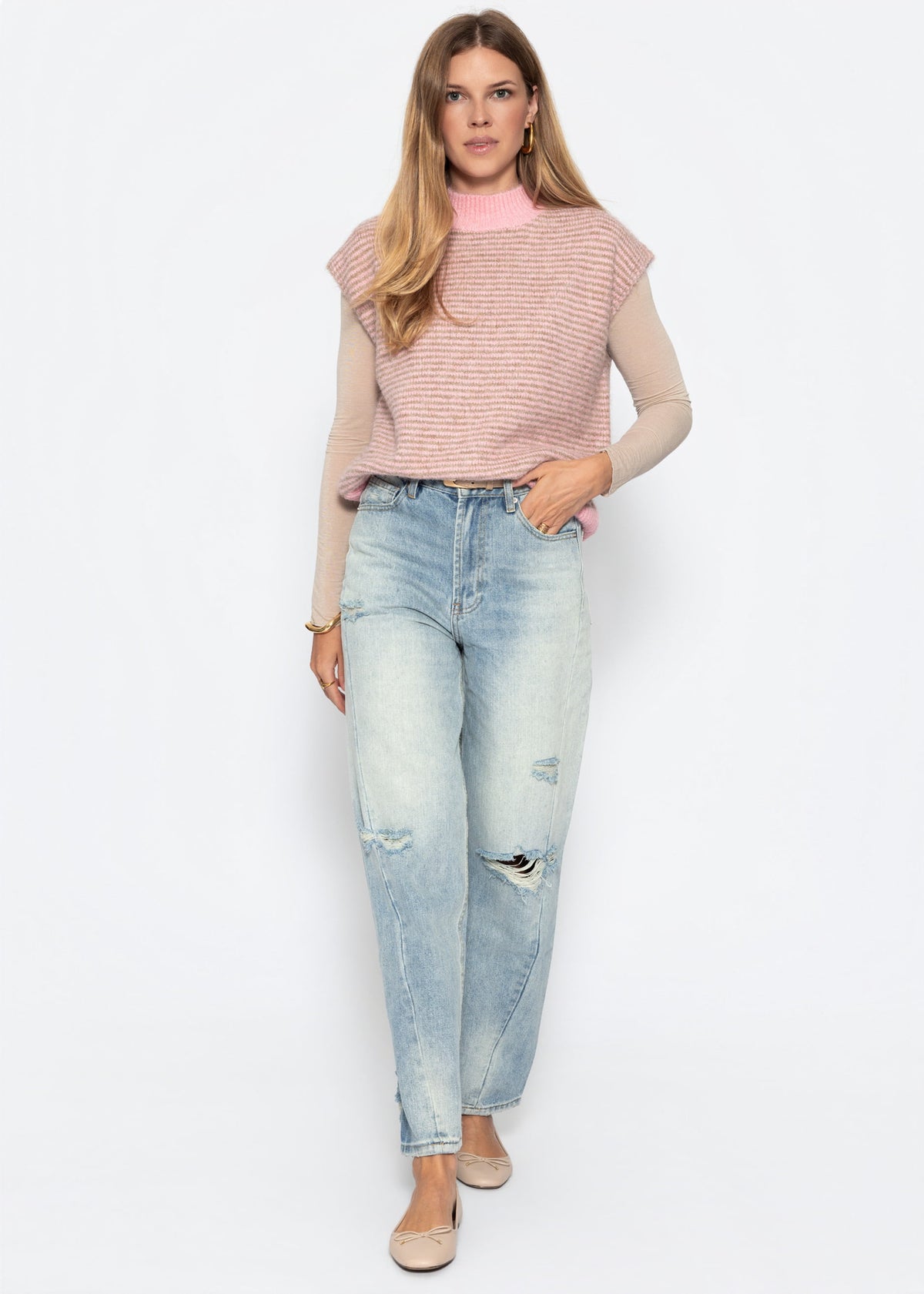 Geringelter Pullunder mit Stehkragen - rosa-taupe