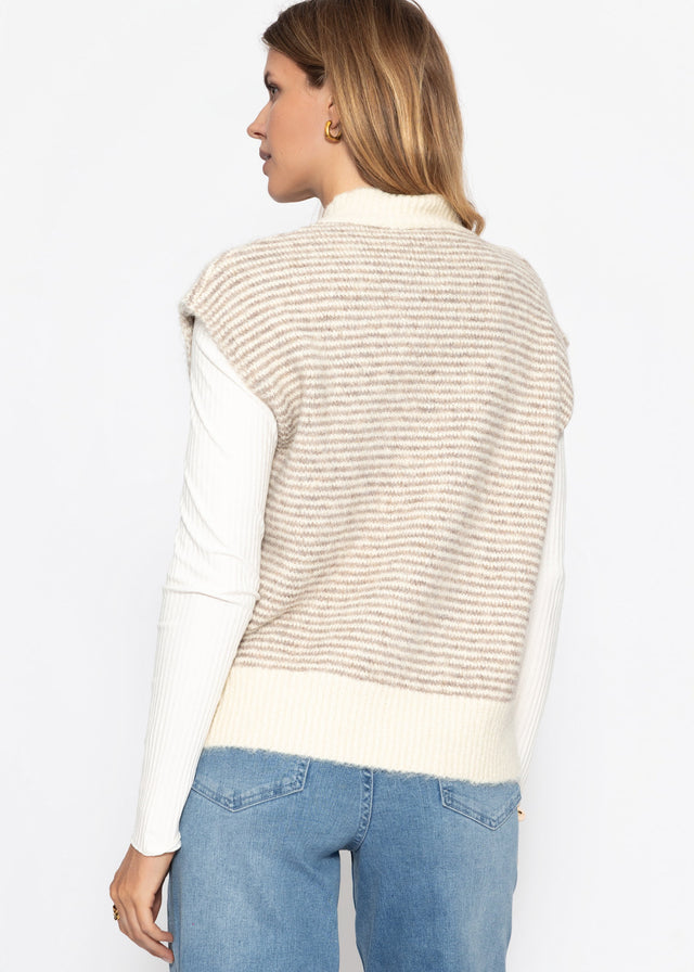Striped sleeveless jumper with funnel neck - off-white-taupe