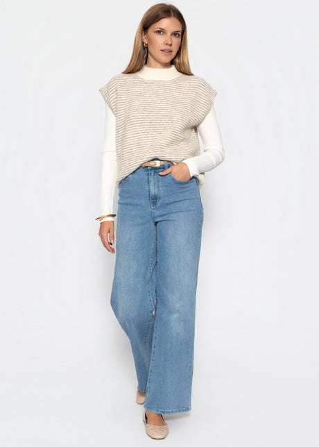 Striped sleeveless jumper with funnel neck - off-white-taupe