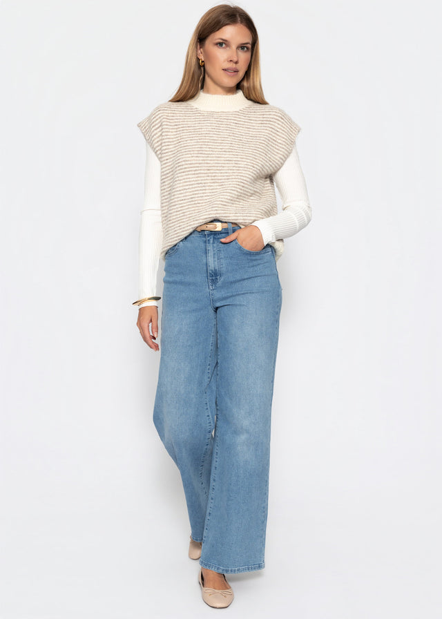 Striped sleeveless jumper with funnel neck - off-white-taupe