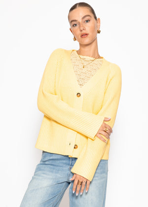 Ribbed cardigan with V-neck - butter yellow