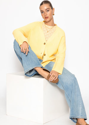 Ribbed cardigan with V-neck - butter yellow