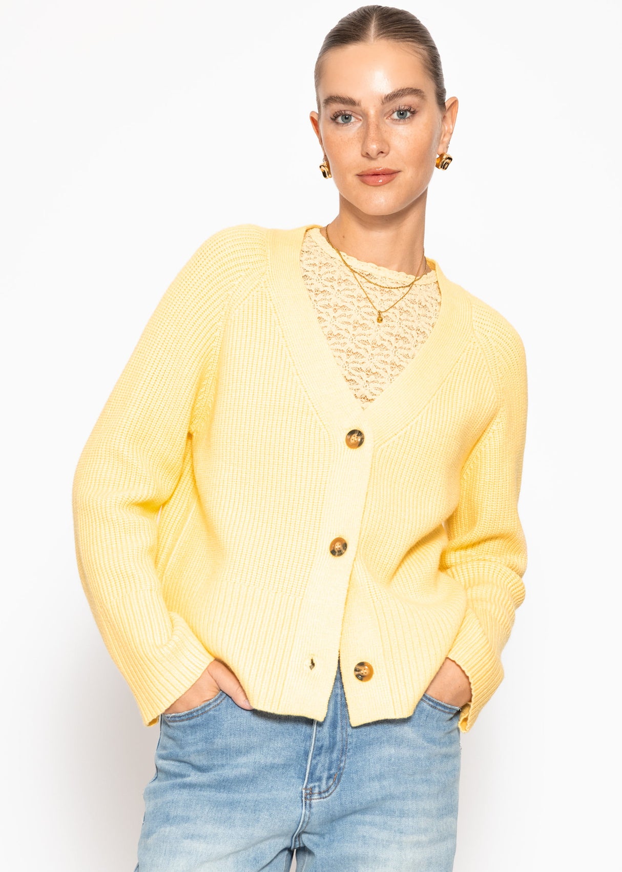 Ribbed cardigan with V-neck - butter yellow