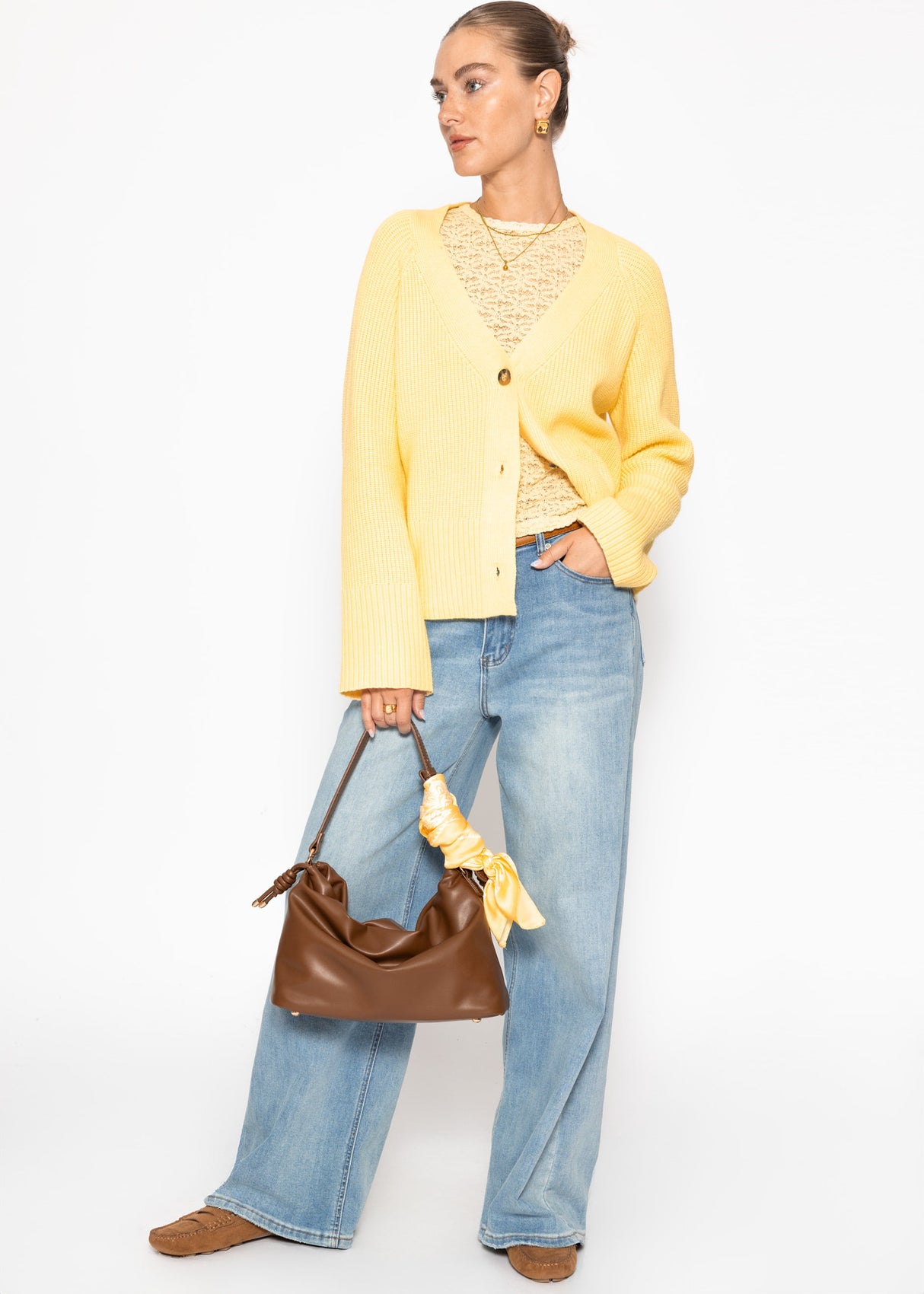 Ribbed cardigan with V-neck - butter yellow