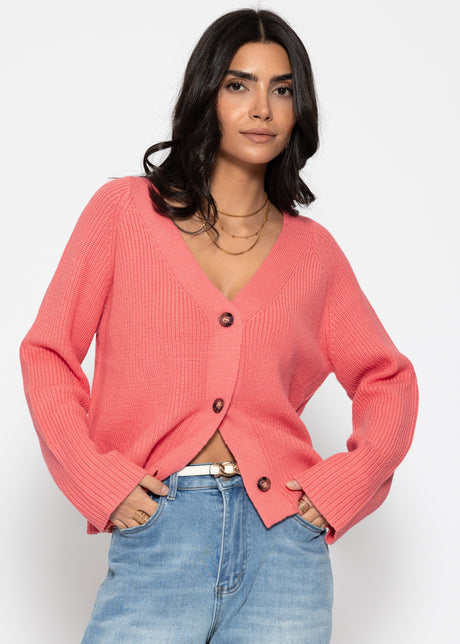 Ribbed cardigan with V-neck - coral