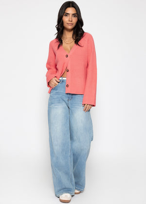 Gerippter Cardigan mit V-Ausschnitt - koralle
