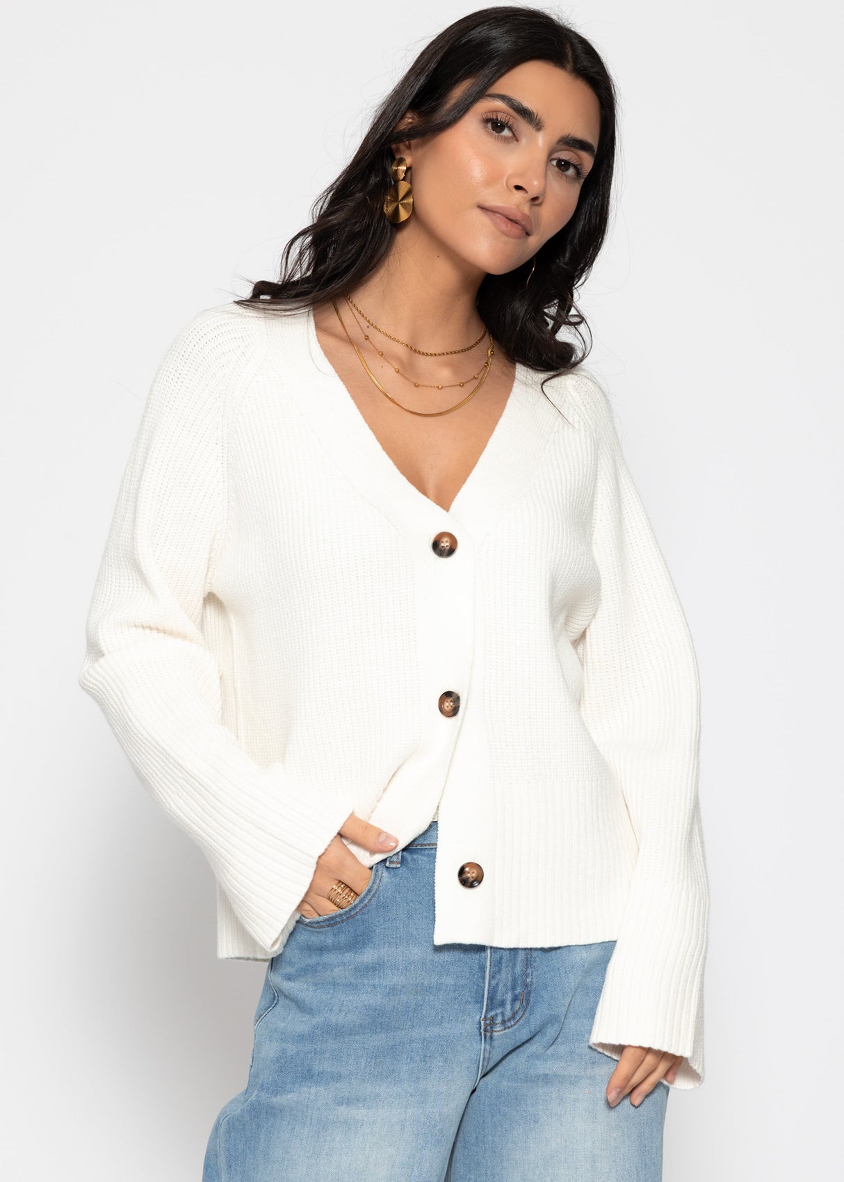 Gerippter Cardigan mit V-Ausschnitt - offwhite