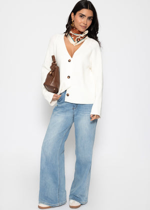 Gerippter Cardigan mit V-Ausschnitt - offwhite