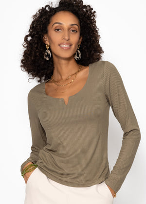 Geripptes Langarmshirt - khaki