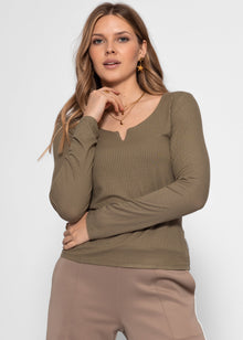 Geripptes Langarmshirt - khaki