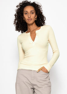 Ribbed T -shirt with button placket - beige
