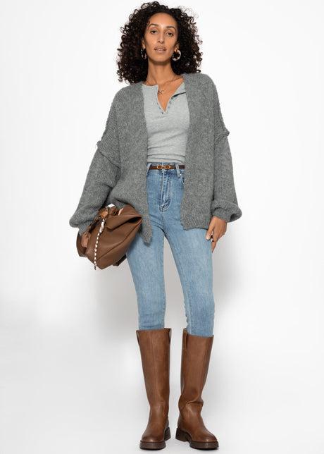 Ribbed long-sleeved top with button placket - grey