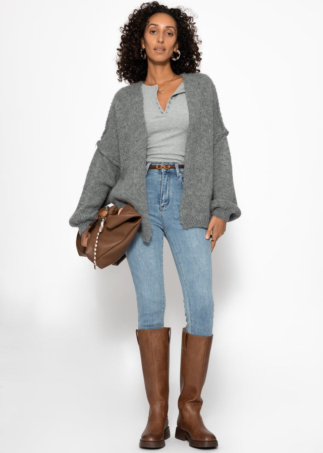 Geripptes Langarmshirt mit Knopfleiste - grau