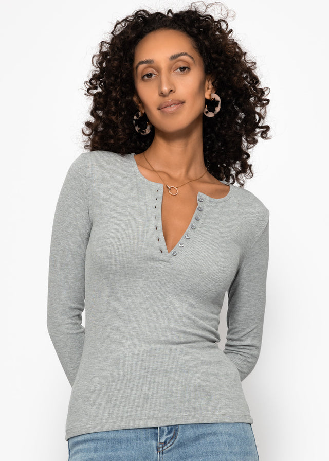Geripptes Langarmshirt mit Knopfleiste - grau