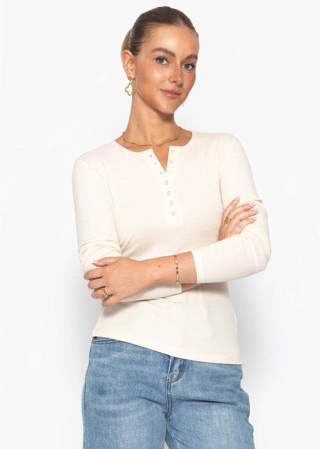 Geripptes Langarmshirt mit Knopfleiste - hellbeige