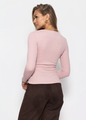 Geripptes Langarmshirt mit Knopfleiste - rosa