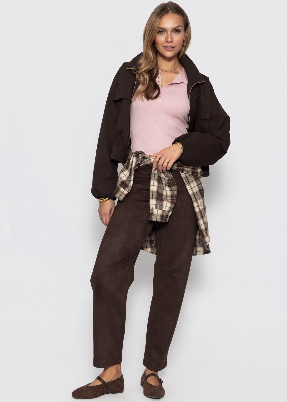 Geripptes Langarmshirt mit Knopfleiste - rosa