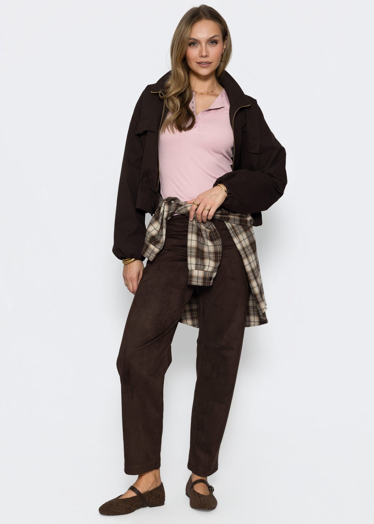 Geripptes Langarmshirt mit Knopfleiste - rosa