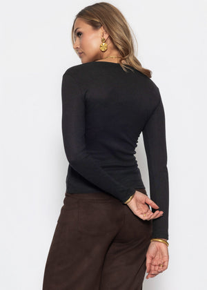 Geripptes Langarmshirt mit Knopfleiste - schwarz