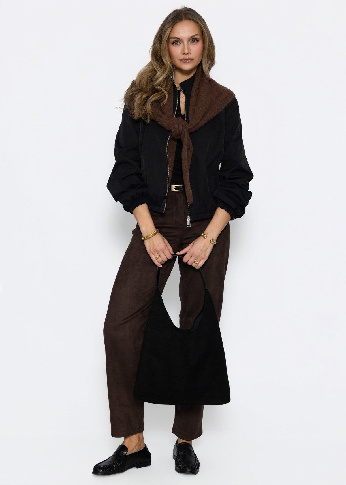 Ribbed long-sleeved top with button placket - black