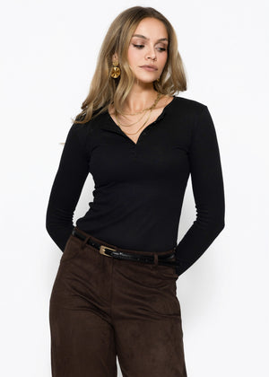 Ribbed long-sleeved top with button placket - black