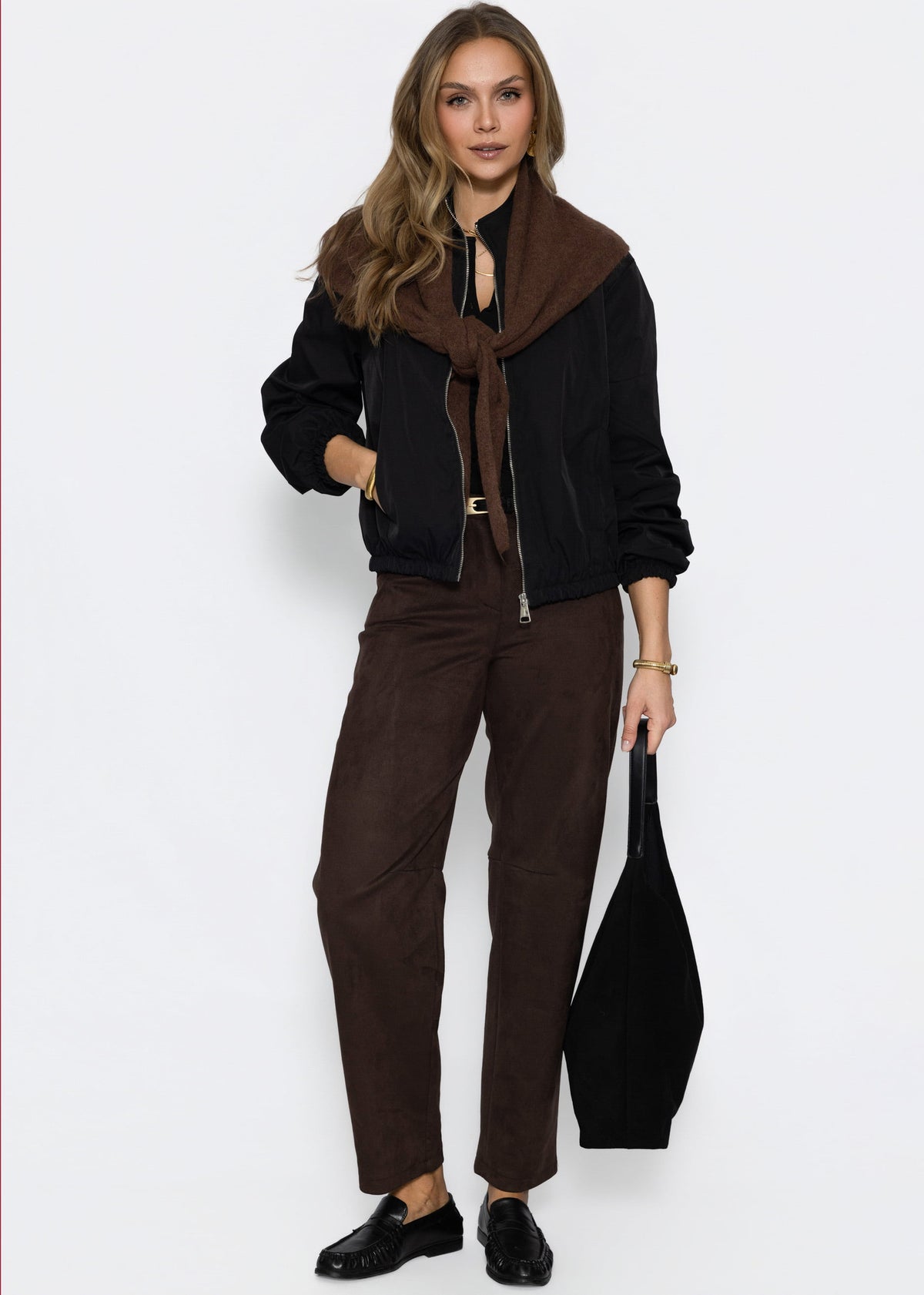 Ribbed long-sleeved top with button placket - black