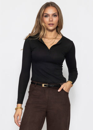 Geripptes Langarmshirt mit Knopfleiste - schwarz