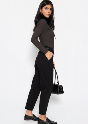 Ribbed long-sleeved shirt with stand-up collar - brown