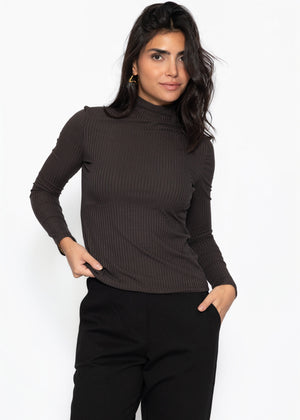 Ribbed long-sleeved shirt with stand-up collar - brown