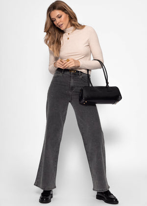 Ribbed long-sleeved shirt with stand-up collar - beige