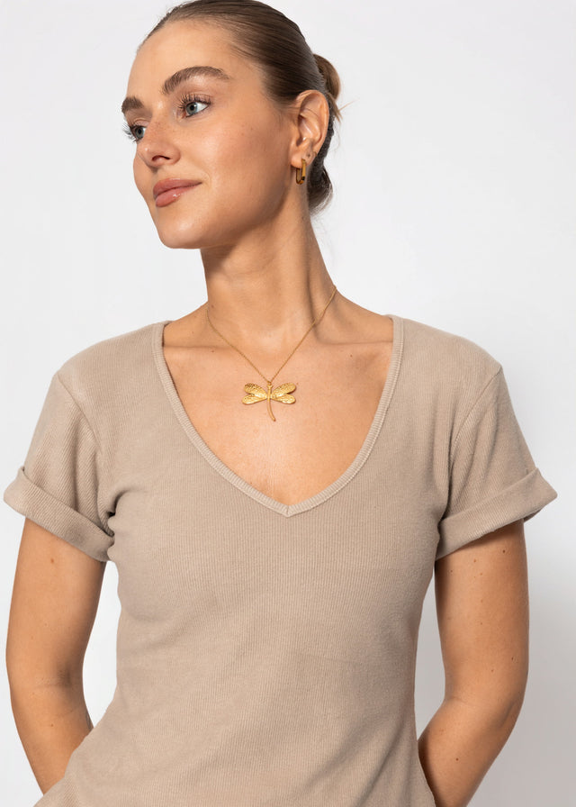 Ribbed T-shirt with V-neck - taupe