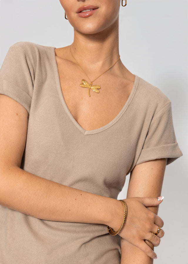 Ribbed T-shirt with V-neck - taupe