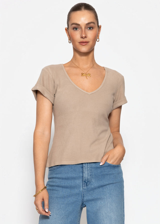 Ribbed T-shirt with V-neck - taupe