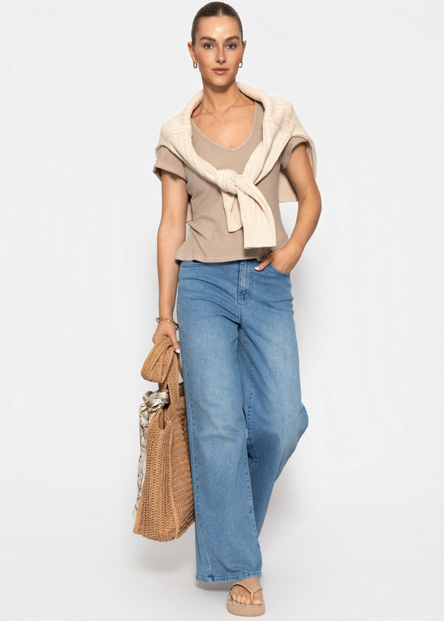 Ribbed T-shirt with V-neck - taupe