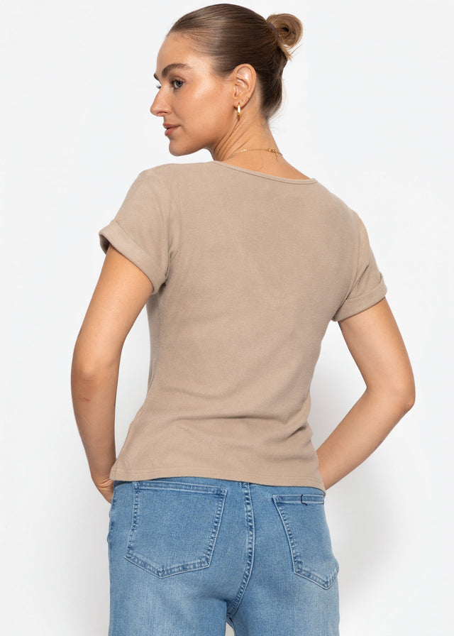 Ribbed T-shirt with V-neck - taupe