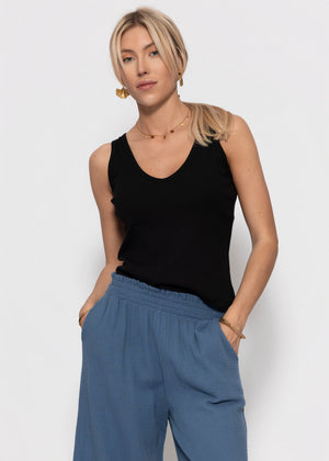 Geripptes Tank Top mit V-Ausschnitt - schwarz