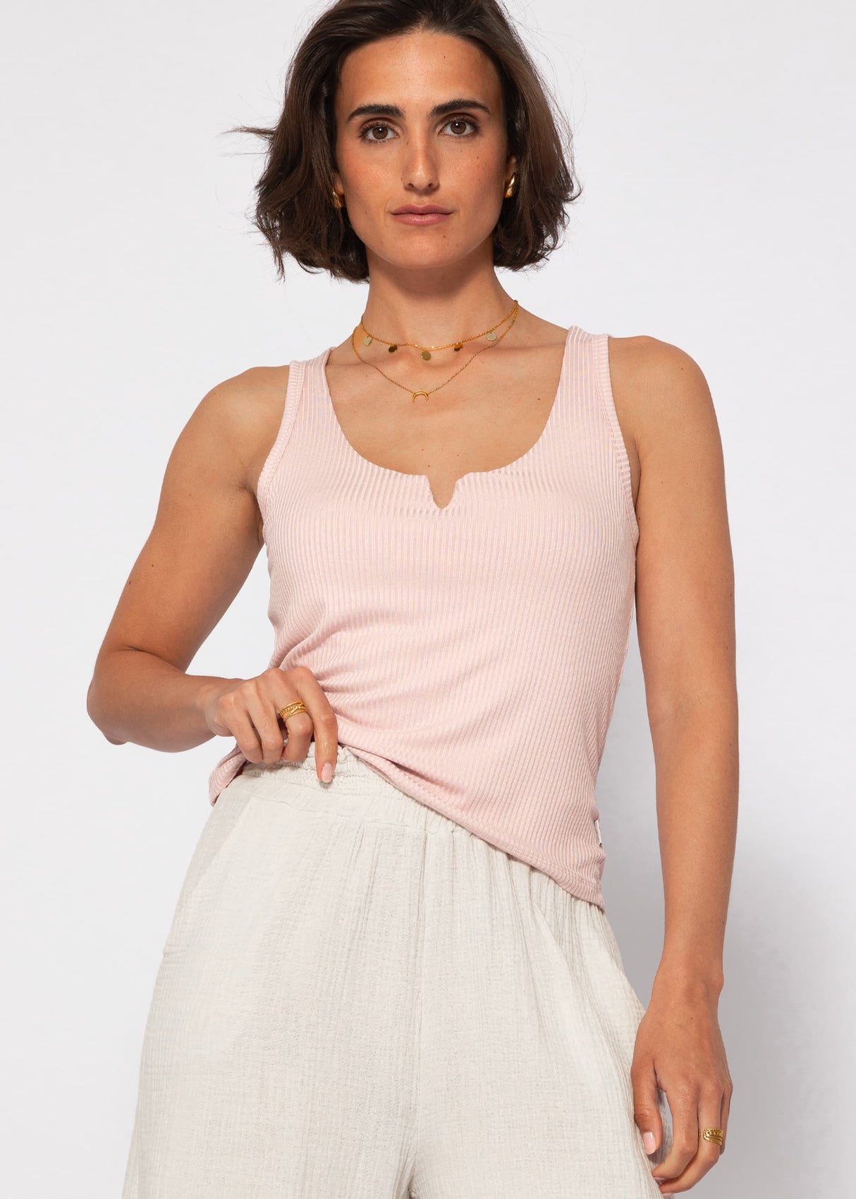 Ribbed V-neck top - dusty pink