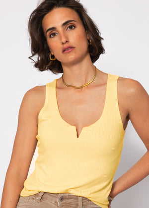 Ribbed V-neck top - yellow