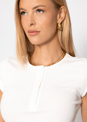 Geripptes T-Shirt mit Knopfleiste - offwhite
