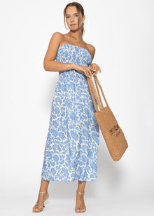 Gesmoktes Bandeau-Kleid mit Print - jeansblau