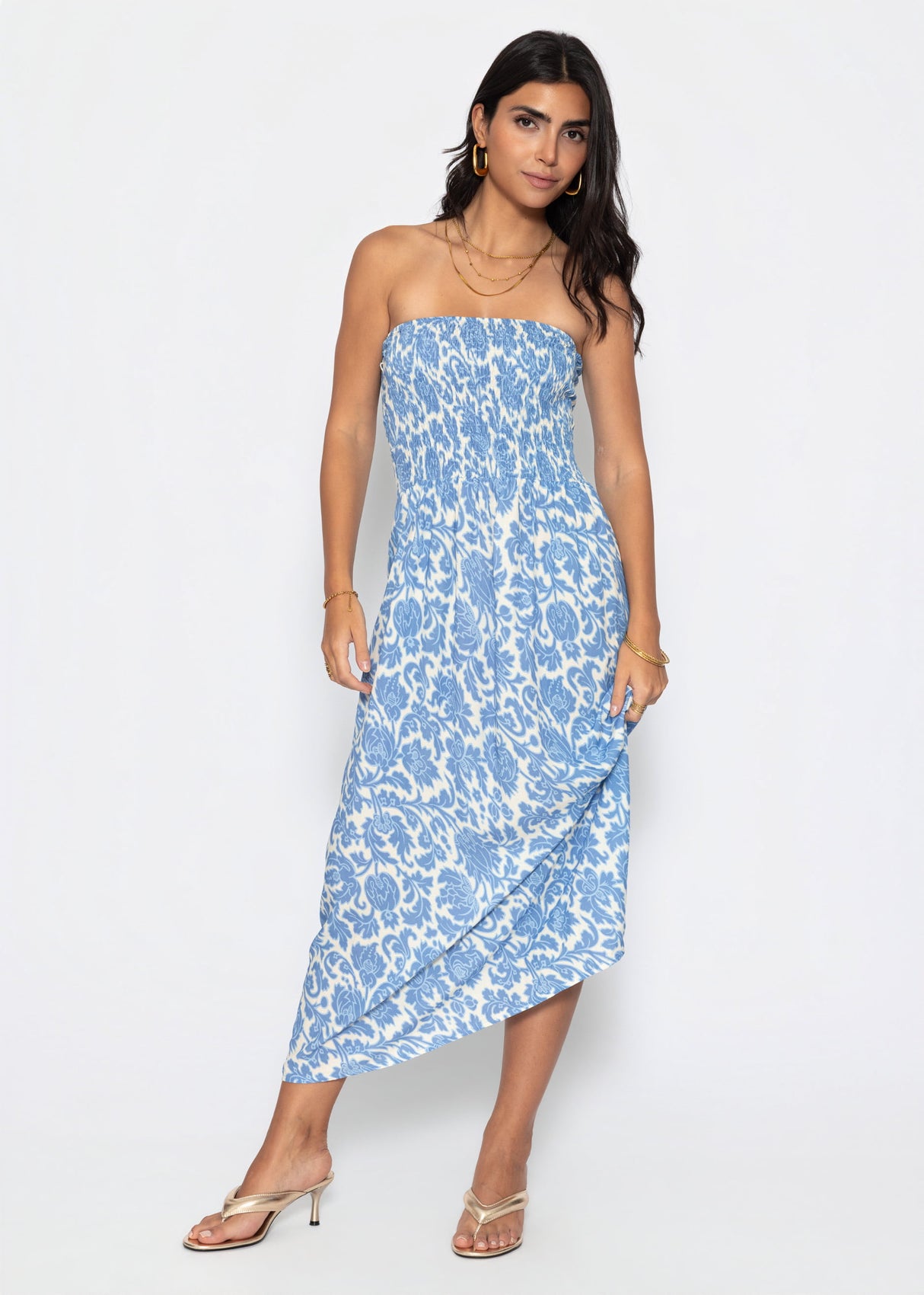 Smoked bandeau dress with print - jeans blue
