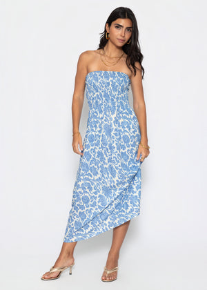 Smoked bandeau dress with print - jeans blue
