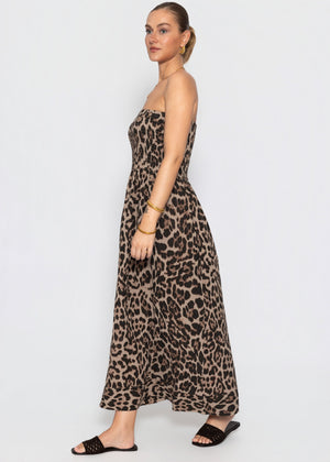Gesmoktes Musselin Bandeau-Kleid mit Leo-Print - braun