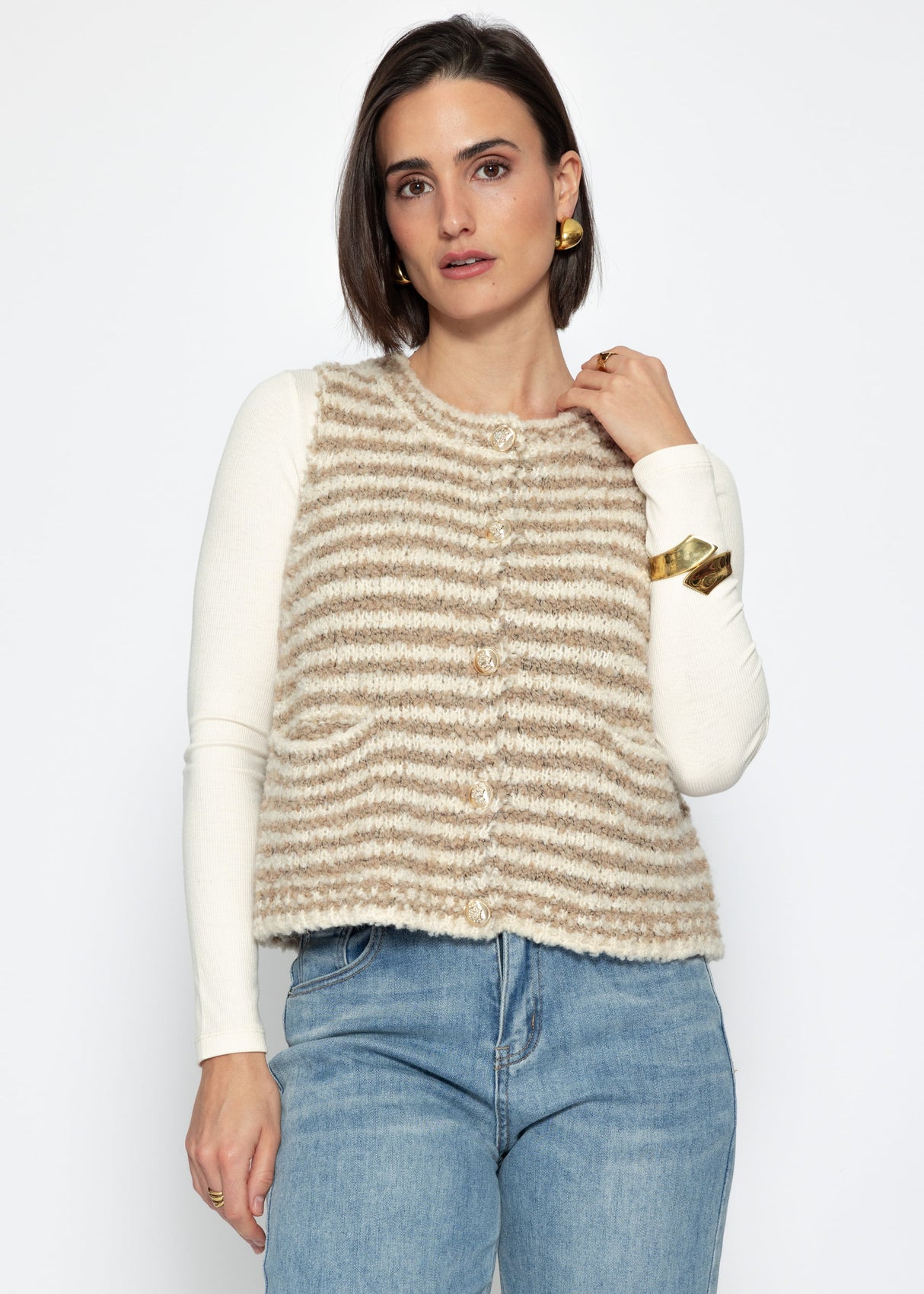 Striped bouclé vest with pockets - beige-off-white
