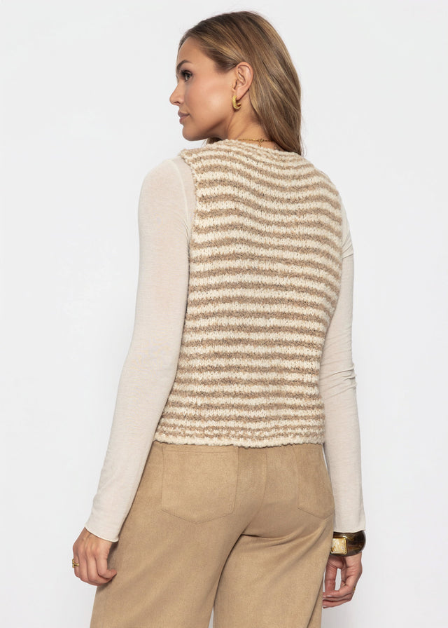 Gestreifte Bouclé-Weste mit Taschen - beige-offwhite