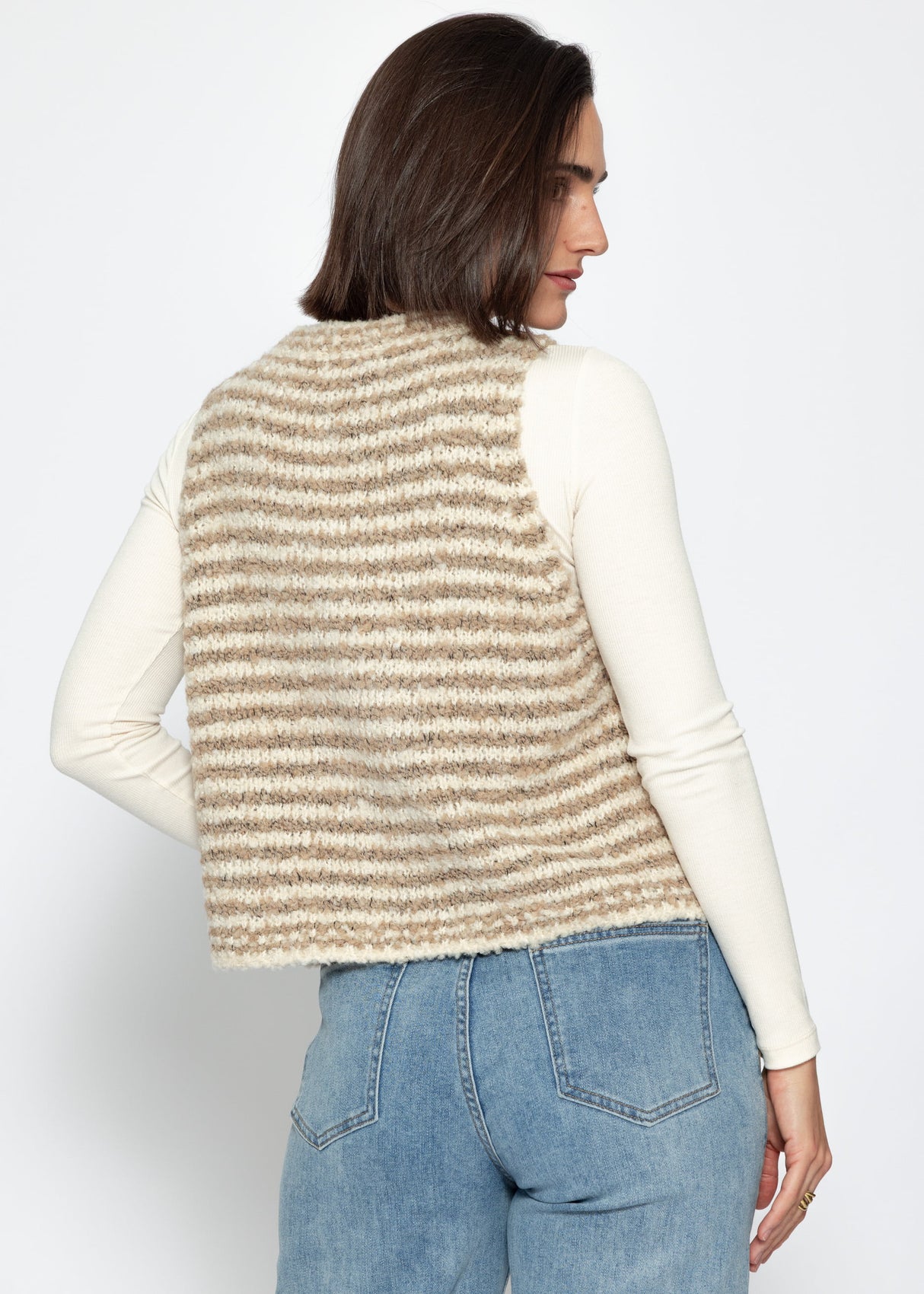 Striped bouclé vest with pockets - beige-off-white