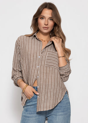 Gestreifte Hemdbluse mit Brusttasche - braun