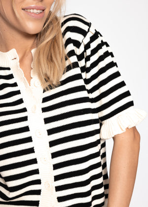 Gestreifte Kurzarm-Strickjacke mit Volants - offwhite-schwarz